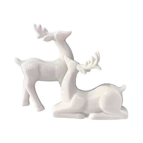 Pack 2 Mini Porcelain Reindeer Figurines Christmas Animal Decor Deer Statues Sculpture for Tabletop Cabinet Mantel Shelves