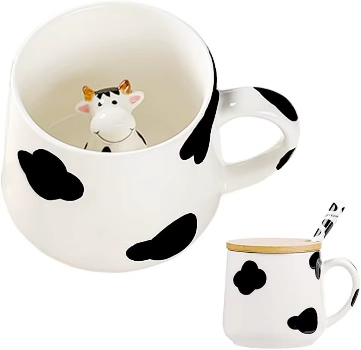 Ceramic Cow Mug with 3D Cow Inside Cow Print Coffee Mug Cute Mugs with Lid Spoon Cute Stuff Cool Gifts Anime Gifts