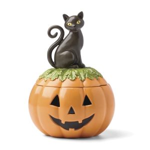 Halloween Covered Candy Jar, Porcelain Jar with Lid, 26oz Storage, Black Cat on Pumpkin, Jar for Sweets, Pumpkin Decor, Halloween Kitchen Decor, Halloween Cookie Jar, 5×7.25 inches