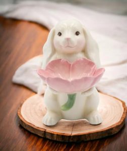 Cosmos Gifts Fine Ceramic Bunny Rabbit Holding Pink Tulip Flowers Candy Candle Plate Figurine, 6-1/4″ H View 2