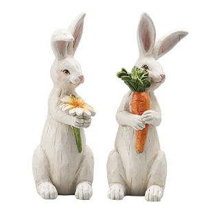 House Studio Easter-Decorations Bunny-Decor Spring-Figurines Table-Centerpiece – 2PC Spring Decorations Resin Rabbits with Carrot and Flower Tabletop Ornaments for Home Farmhouse 4.5H inch