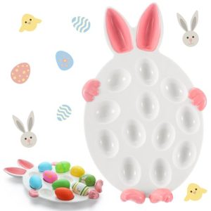 Hushee Easter Deviled Egg Platter Ceramic Bunny Easter Egg Holder Plates 12 Holes Rabbit Tray for Kitchen Refrigerator Countertop Display Dishwasher Microwave Freezer