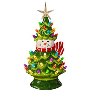 11″ Ceramic Christmas Tree, Pre-lit Battery Operated Vintage Tabletop Snowman Tree Ornaments with 50 Multicolored Lights, Christmas Table Decorations for Xmas Indoor Desk Centerpiece Decor