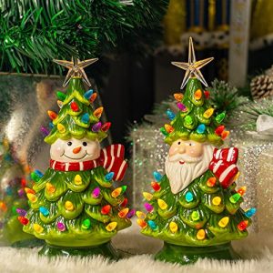 11″ Ceramic Christmas Tree, Pre-lit Battery Operated Vintage Tabletop Snowman Tree Ornaments with 50 Multicolored Lights, Christmas Table Decorations for Xmas Indoor Desk Centerpiece Decor View 2