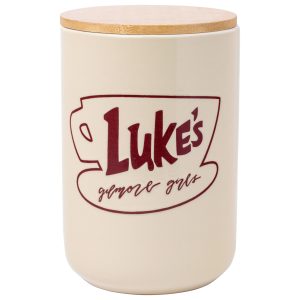 Silver Buffalo Gilmore Girls Wax Resist Ceramic Cookie Jar with Bamboo Lid Featuring Luke’s Cafe Logo