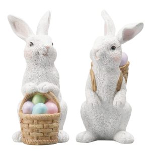 House Studio Easter-Decorations Bunny-Decor Spring-Figurines Table-Centerpiece – 2PC Spring Decorations Resin Rabbits with Carrot and Flower Tabletop Ornaments for Home Farmhouse 4.5H inch View 2