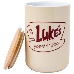 Silver Buffalo Gilmore Girls Wax Resist Ceramic Cookie Jar with Bamboo Lid Featuring Luke’s Cafe Logo View 2