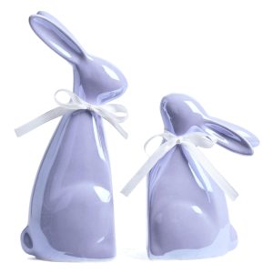 Valery Madelyn Easter Decorations, 2Pcs Bunny Decor, Pearl Purple Ceramic Rabbit Statue Figurine for Home, Spring Easter Gift Tiered Tray Decorations for Indoor Table Centerpieces,6.3 Inch