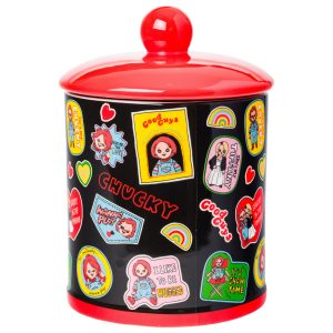 Silver Buffalo Chucky and Tiffany Sticker and Badges Pattern Ceramic Cookie Snack Jar