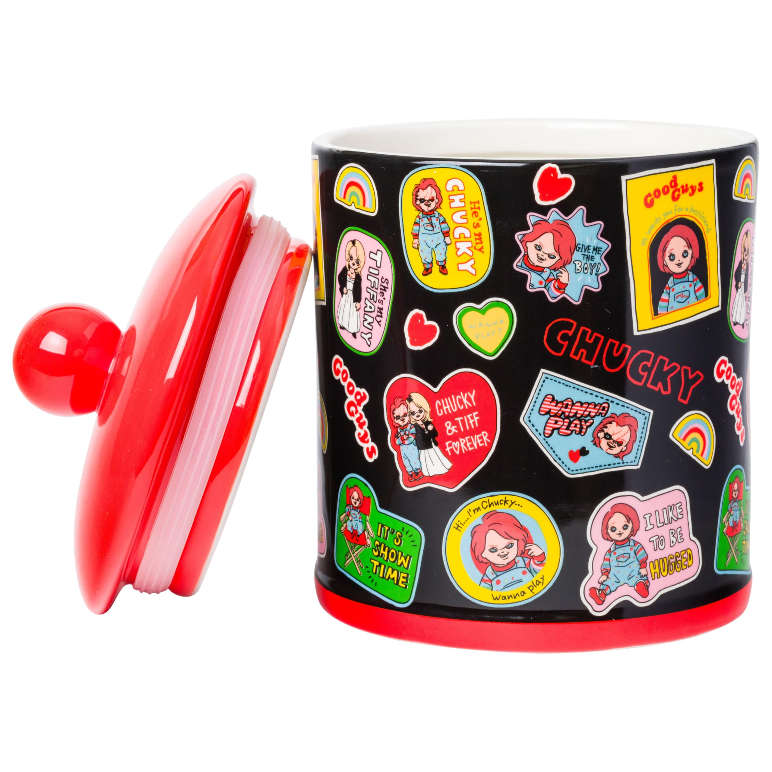 Silver Buffalo Chucky and Tiffany Sticker and Badges Pattern Ceramic Cookie Snack Jar - View 2